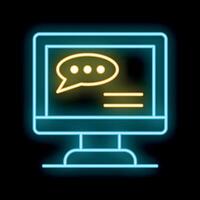 Neon computer monitor displaying chat bubble icon on black background vector