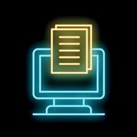 Neon icon of computer displaying documents for digital marketing and content creation vector