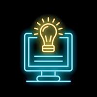 Neon light bulb shining over desktop computer screen for new ideas and innovation vector