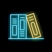 Glowing neon line bookshelf with books icon isolated on black background. illustration vector