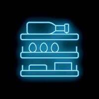 Blue glowing neon line icon representing a shelf full of food, isolated on a black background vector