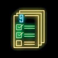 Neon glowing icon of a clipboard with a checklist on it, representing completing tasks vector