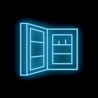 Open empty refrigerator with neon light shining on black background vector
