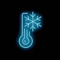 Neon blue thermometer showing low temperature with snowflake icon vector