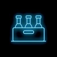 Blue neon icon of three beer bottles in a crate glowing on black background vector