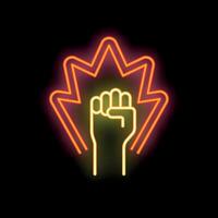 Neon fist glowing with power and strength on black background vector