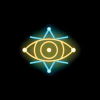 Neon sign showing eye with light rays on black background vector