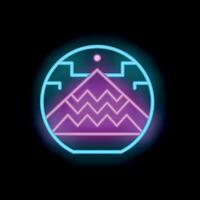 Neon sign depicting mountains inside a circle on black background vector