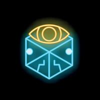 Neon eye watching over geometric cube symbolising artificial intelligence vector
