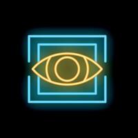 Neon eye symbol glowing inside multiple square frames on black background vector