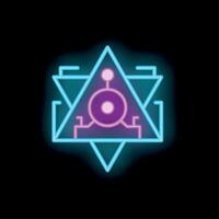 Neon sign representing a religious symbol with triangles and a circle glowing on a wall vector