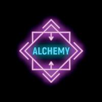Alchemy neon sign with glowing arrows on a black background vector
