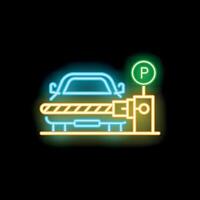 Glowing neon line car entering parking lot icon isolated on black background illustration vector