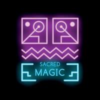 Neon sign of sacred magic with esoteric symbols and waves vector