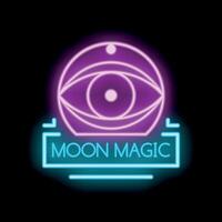 Neon sign moon magic with all seeing eye symbol on black background vector