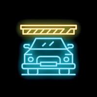 Glowing neon line car parking icon sign with barrier gate on a brick wall background vector