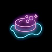 Neon icon of soap bar making foam on black background vector