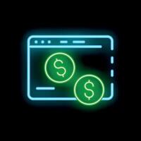 Neon sign representing online payment with dollar coins and internet browser window vector