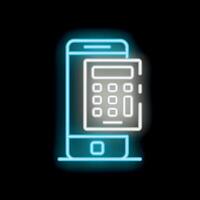 Neon icon of smartphone displaying calculator app for mobile budgeting and finance vector