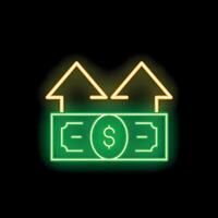 Neon green dollar bill increasing its value with up arrows vector
