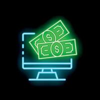 Neon icon of computer screen displaying money for online business and e commerce vector