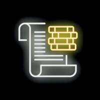 Neon icon of papyrus scroll holding golden bricks representing valuable data vector