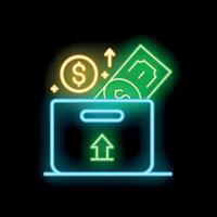 Neon sign illustrating money increasing from donation box with up arrow vector