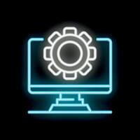 Neon icon of computer displaying settings gear for customization vector