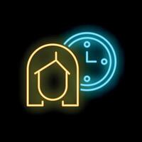 Neon icon of woman working from home with clock representing work life balance vector