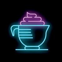 Neon sign of a measuring cup with whipped cream glowing on a dark background vector