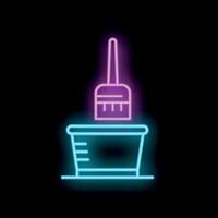Neon icon of cleaning tools bucket and broom on black background vector