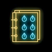 Glowing neon line notebook with water drops icon isolated on black background, concept of writing, studying and ideas vector