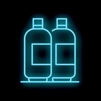 Neon icon of two bottles standing on shelf glowing on black background vector