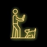 Man training puppy with stick yellow neon icon design vector
