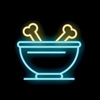 Glowing neon line icon of a witch cauldron with bones, perfect for halloween designs vector