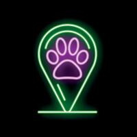 Neon sign showing a location pin with a paw print inside on a black background vector