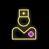 Neon icon of doctor wearing scrubs and hat with cross vector