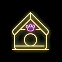 Yellow and pink neon glowing icon of a dog house with a paw print on a black background vector