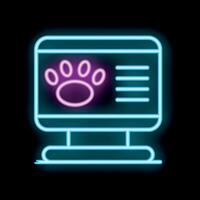 Neon icon of a desktop computer displaying information about pets vector