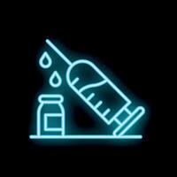 Neon syringe injecting medication vial with drops icon vector