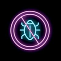 Neon sign depicting a bug with a slash through it on black background vector