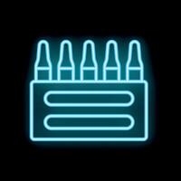 Neon icon of medical ampules standing in a row in package on black background vector
