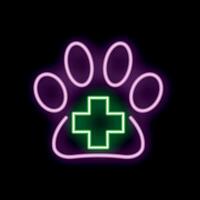Neon veterinary symbol with glowing paw print and cross vector