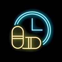 Neon sign representing taking medicine on time with clock and pills icon vector