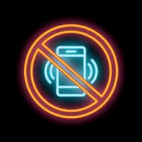 Neon sign showing smartphone with sound waves and forbidden symbol vector