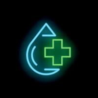 Neon icon of a water drop containing a medical cross symbol for healthcare and hydration vector