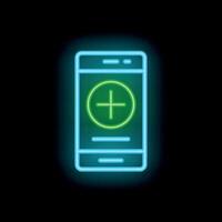 Neon smartphone showing green plus sign icon on screen vector