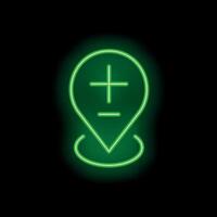 Green neon pin pointing location on black background vector