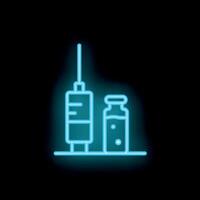 Neon syringe and vial glowing on black background vector