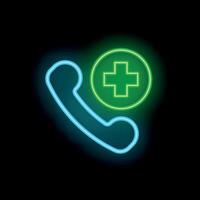 Glowing neon icon of a phone handset with a green cross vector